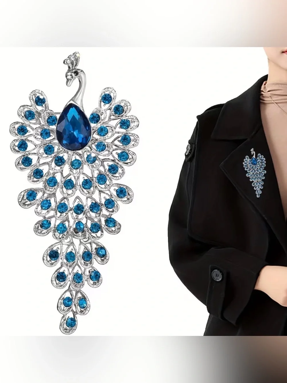 sparkling peacock-shaped statement brooch featuring blue crystals silver-tone